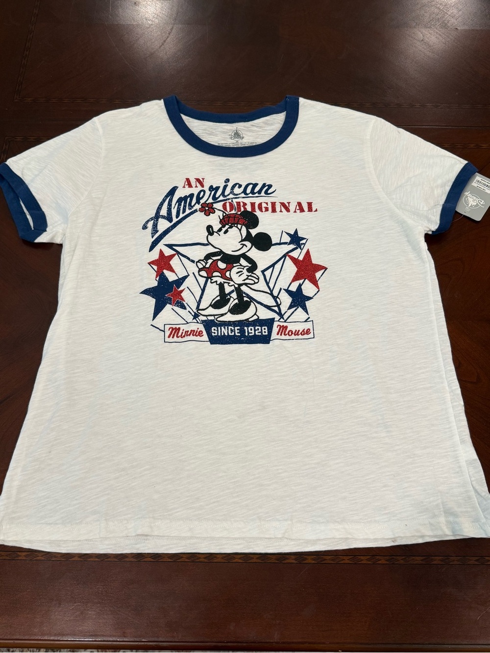 Disney White Ringer Tee with Red & Navy Minnie Mouse Graphic